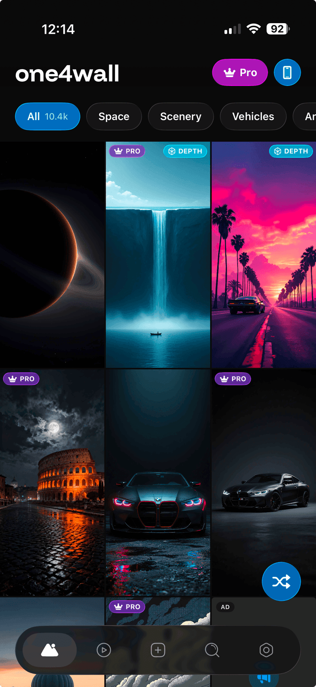 One4Wall Home tab showing wallpaper collection