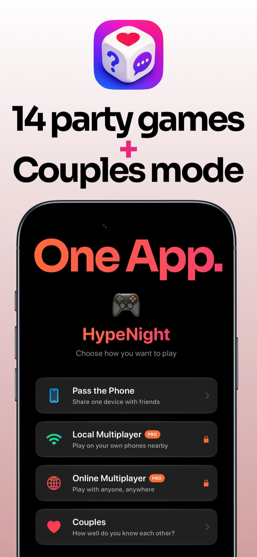 Hype Night - 14 party games plus couples mode, showing the play mode picker