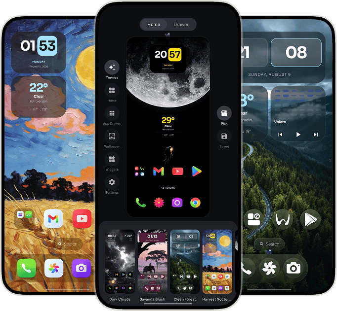 One4Home launcher editor framed by two personalized Android home screens