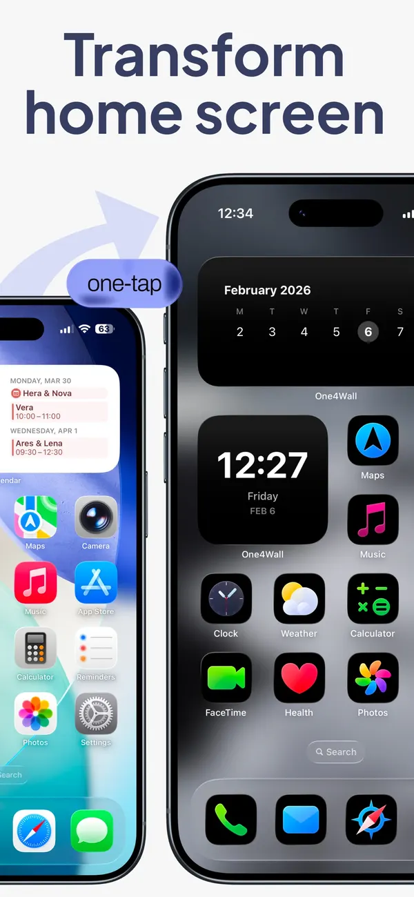 One4Wall complete iPhone home screen theme with calendar, agenda, clock and app widgets