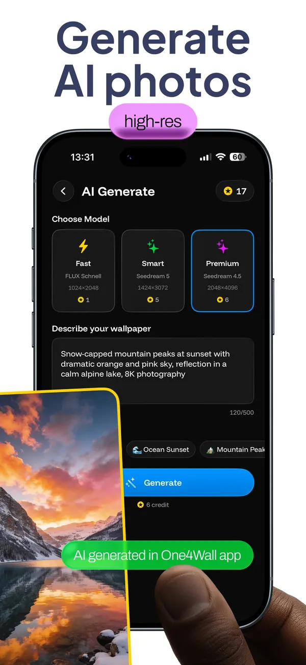 One4Wall AI wallpaper generator with model choices, prompt and generated image