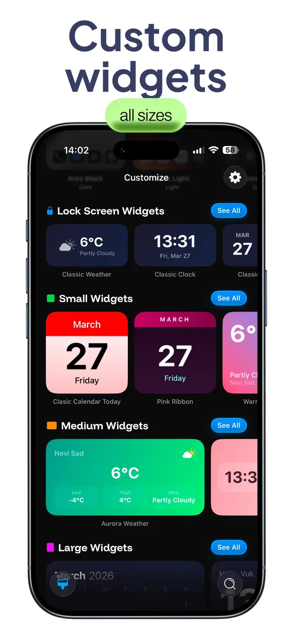 One4Wall custom iPhone widgets in small, medium and large sizes