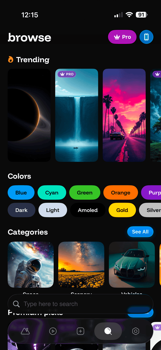 One4Wall Browse tab with categories and search