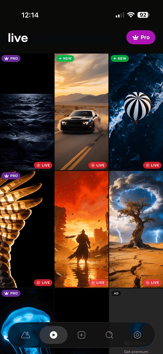 One4Wall Live tab showing animated wallpapers