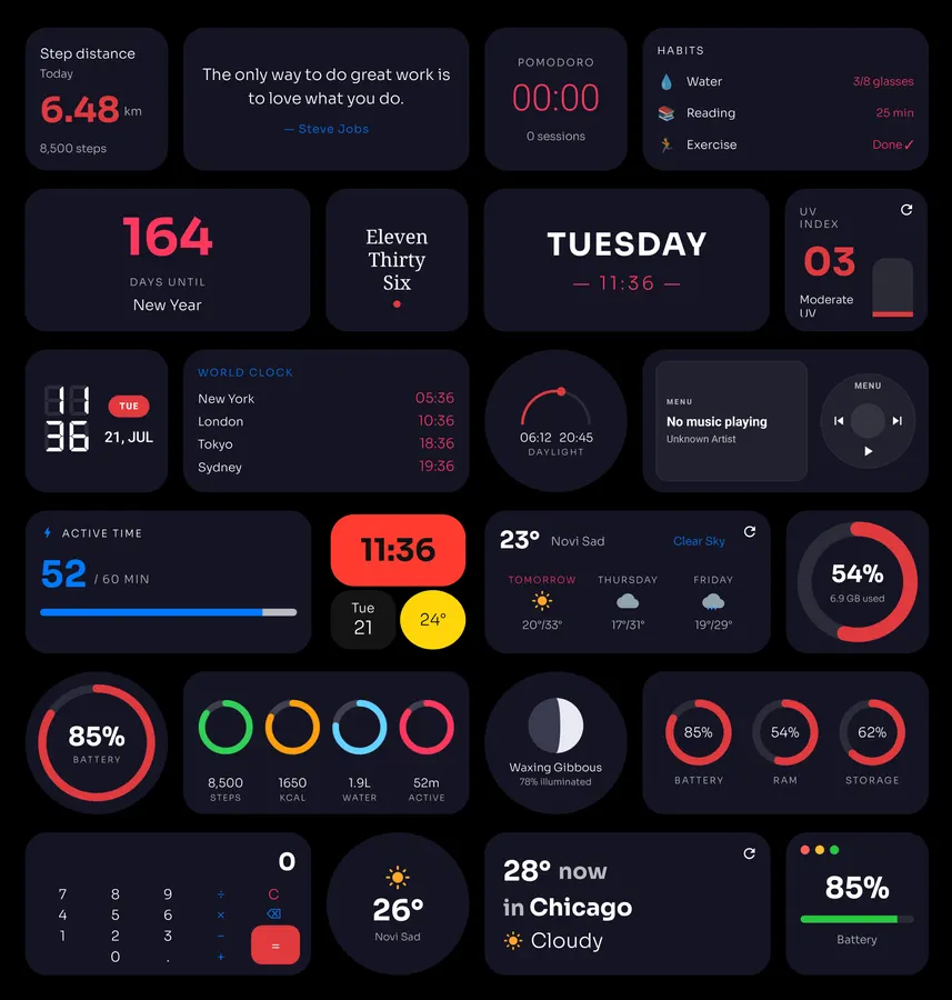 One4Widgets dark Android home screen collection with clock, weather, battery and productivity widgets