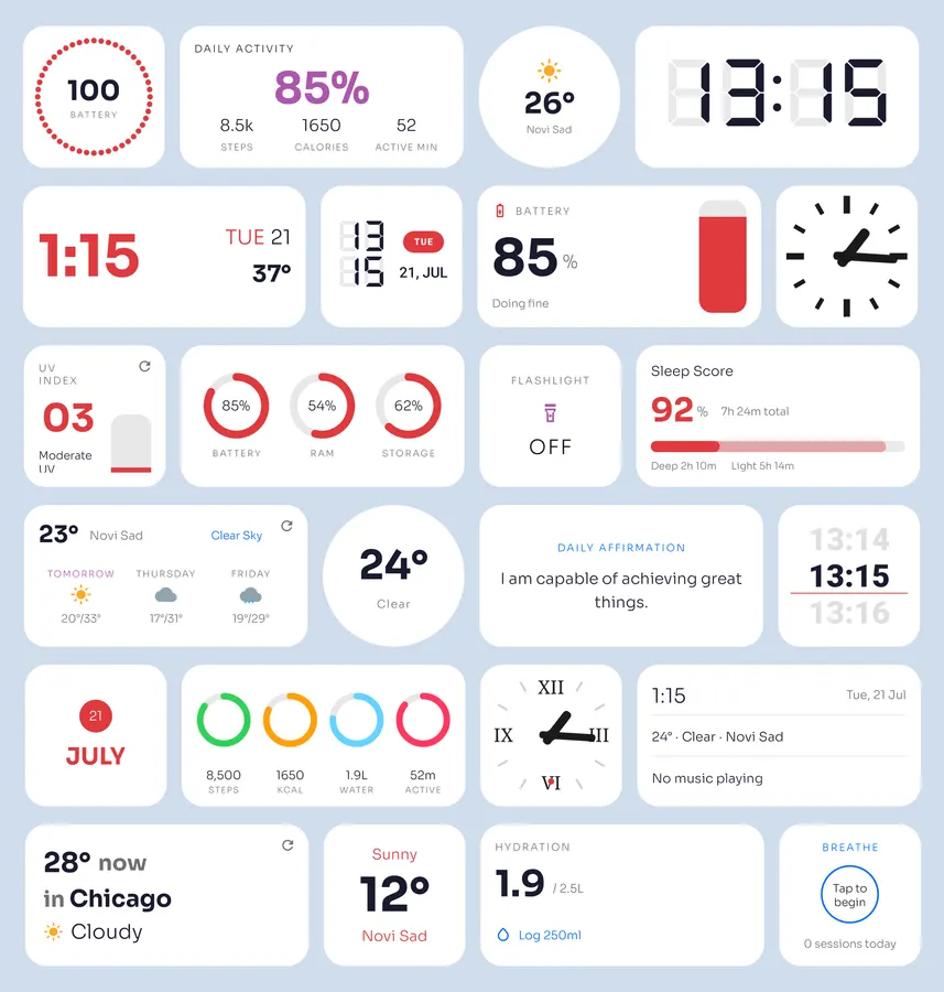 Light One4Widgets collection with activity, weather, calendar and battery widgets