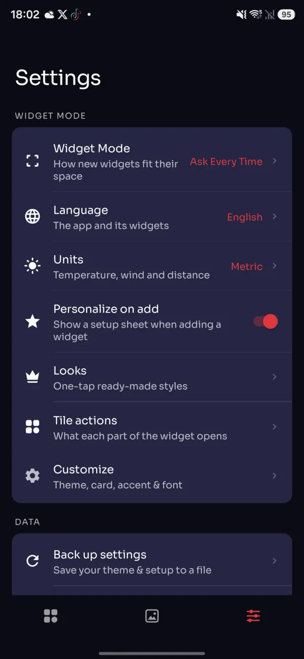 One4Widgets settings for widget mode, language, units, styles and customization