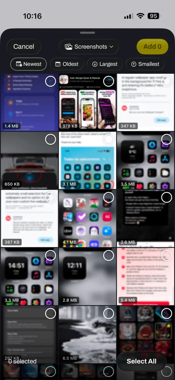 SlimPix custom photo picker sorted by file size with multiple iPhone photos selected