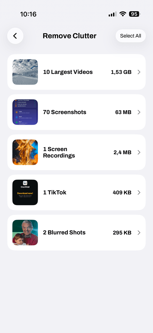 SlimPix Remove Clutter screen showing categorized storage hogs