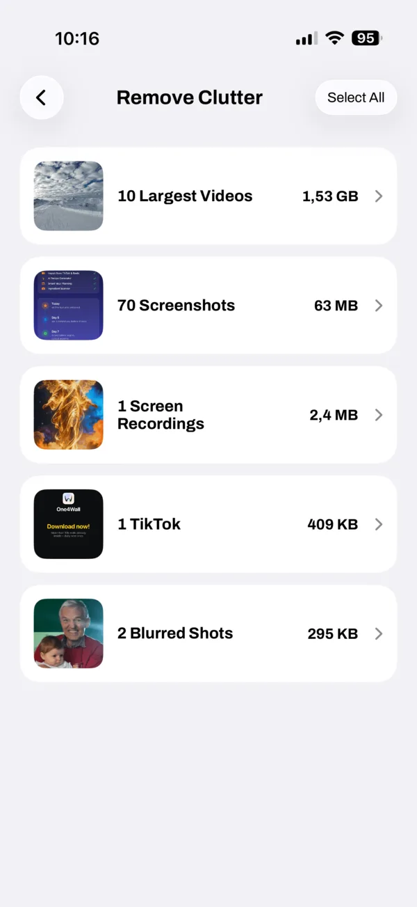 SlimPix Remove Clutter screen grouping large videos, screenshots, screen recordings and blurry photos