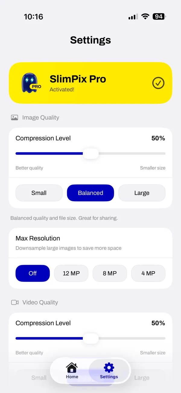 SlimPix compression settings with image and video quality controls