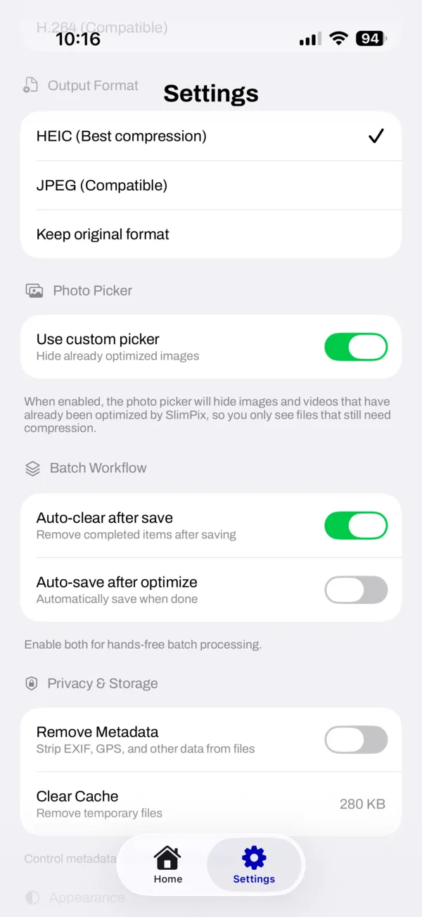 SlimPix settings for output format, batch workflow and metadata privacy