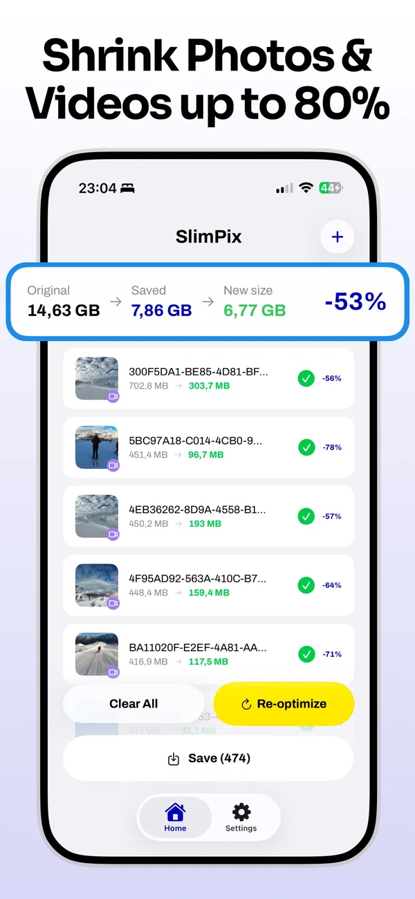 SlimPix batch compression results showing original size, saved space and new file size