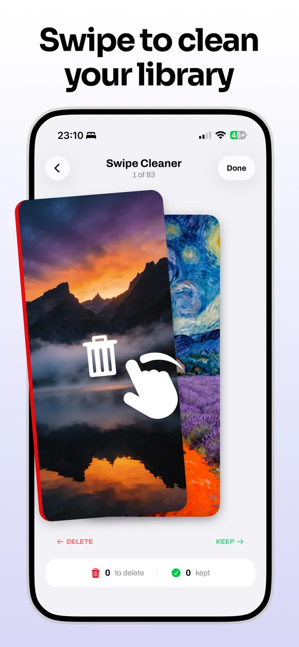 SlimPix Swipe Cleaner with a photo card ready to keep or delete