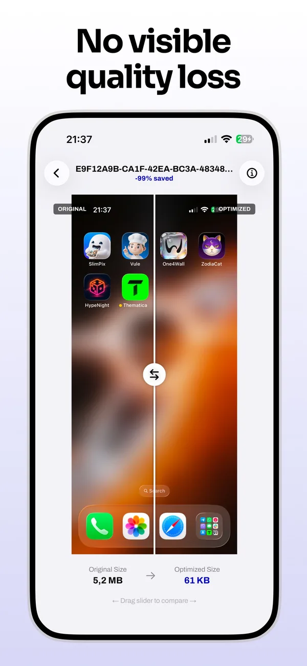 SlimPix before and after comparison slider for an optimized iPhone image