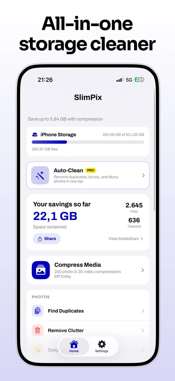 SlimPix home screen with storage savings, compression and cleanup tools