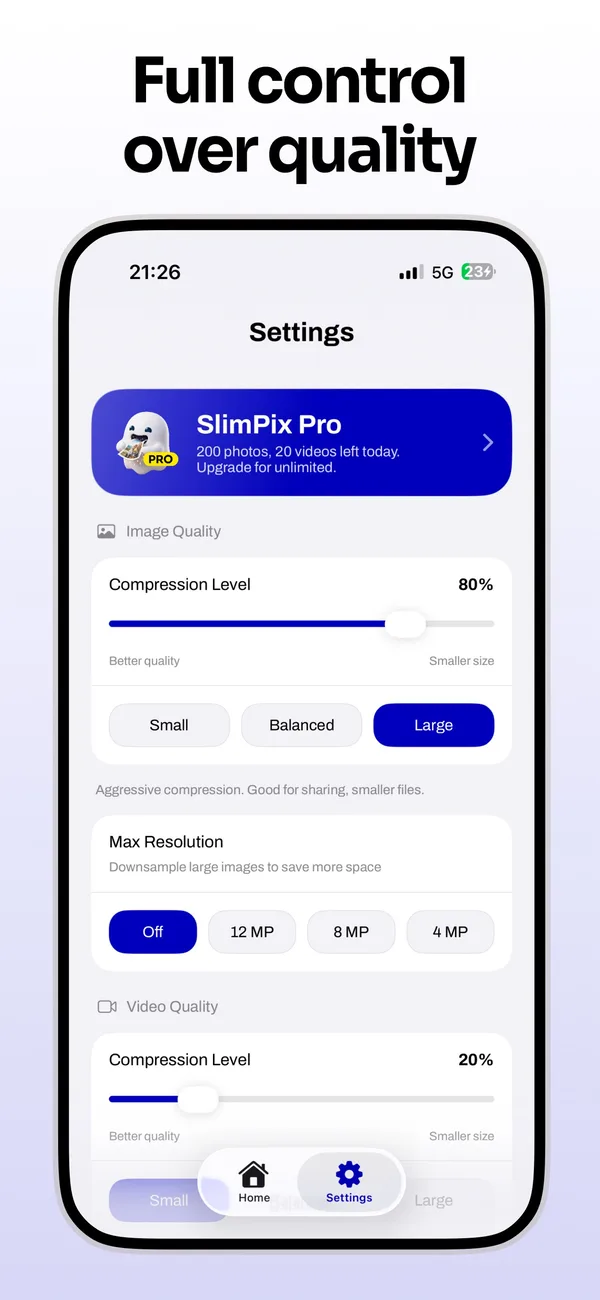SlimPix settings with photo and video compression quality controls