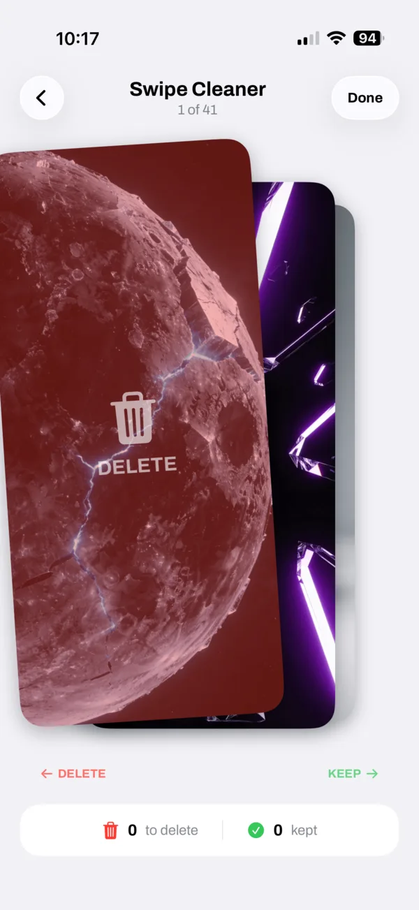 SlimPix Swipe Cleaner showing an iPhone photo ready to keep or mark for deletion