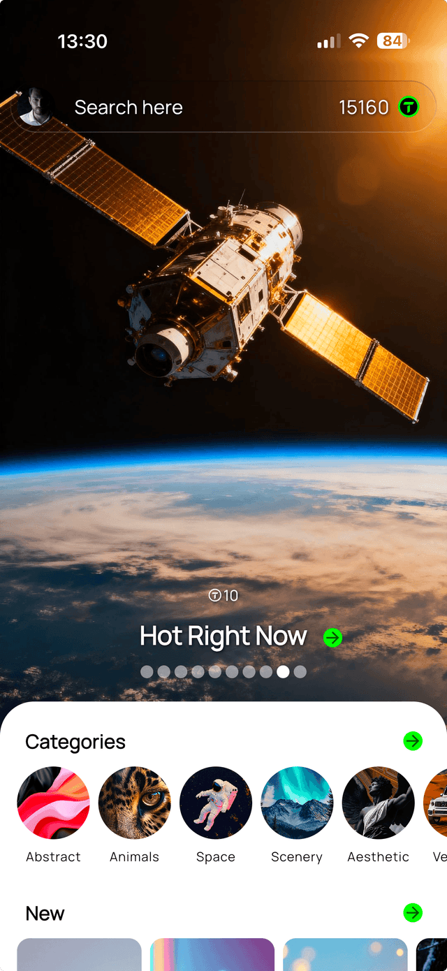 Thematica Home screen with Hot Right Now wallpaper carousel