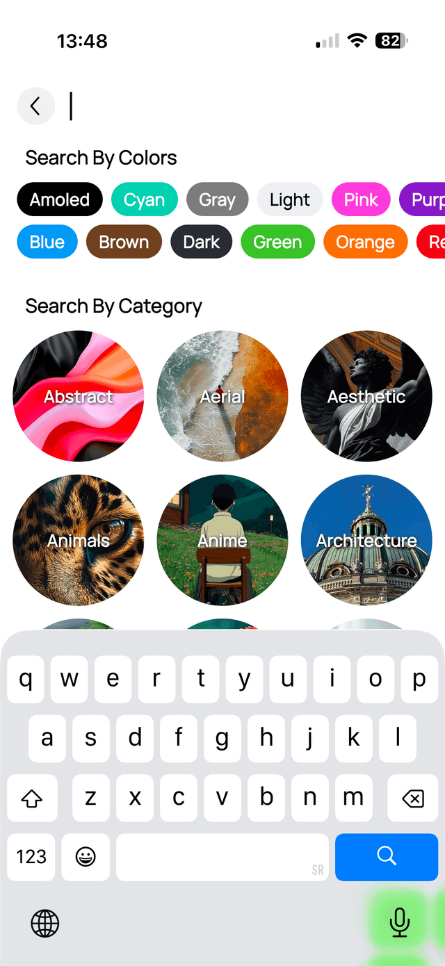 Thematica Search screen with color and category filters