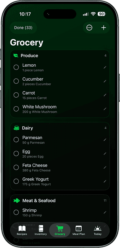 Vule grocery list sorted by store aisle categories